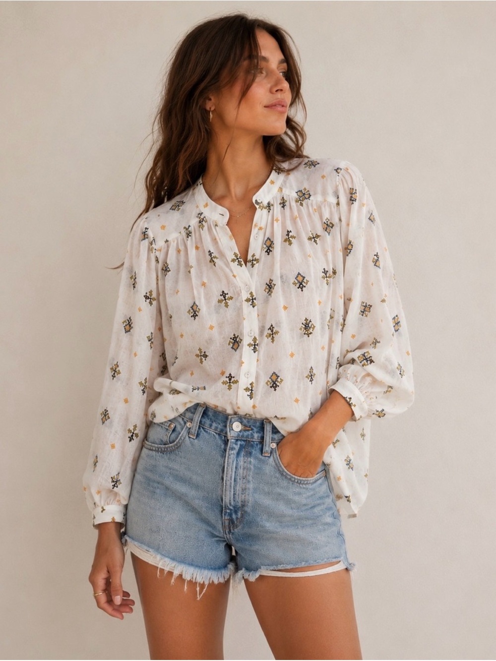 White Printed Peasant Blouse with Gold & Black Motif